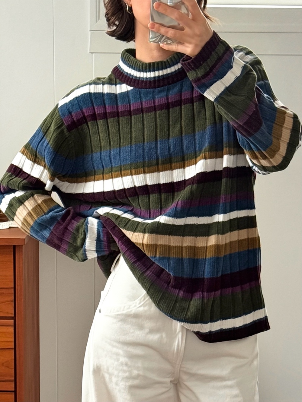 Vintage 90s chenille striped ribbed pattern mock neck knit sweater multicolor